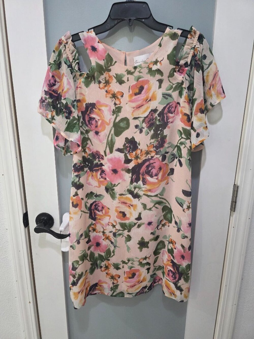 Charles Henry Pink Floral Cold Shoulder Dress Size M‎ Double Lined Made in USA